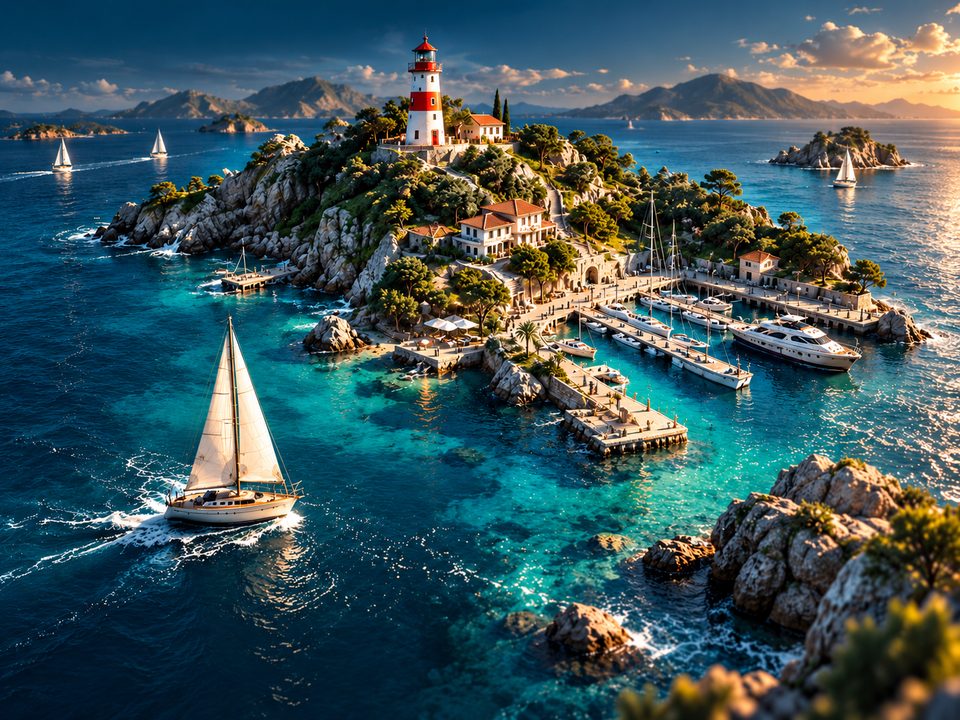 Isla con faro, marina y embarcaciones sobre el mar
