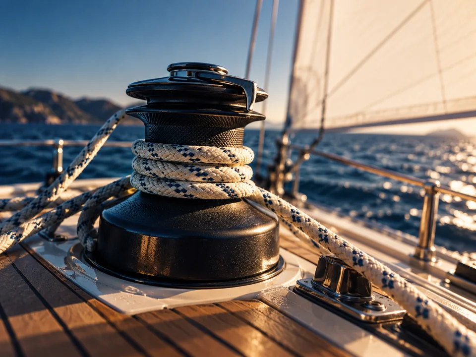 Detalle del winche y cabos de un velero